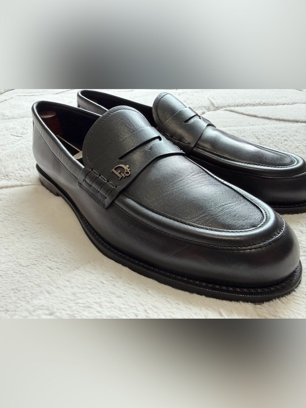 LIKE NEW! $1,150 DIOR Black Leather Penny Loafers with Metal Logo 45 12